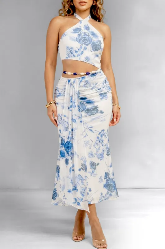 Cream Blue Floral Print Halter Cut Out Stone Dress made by privy