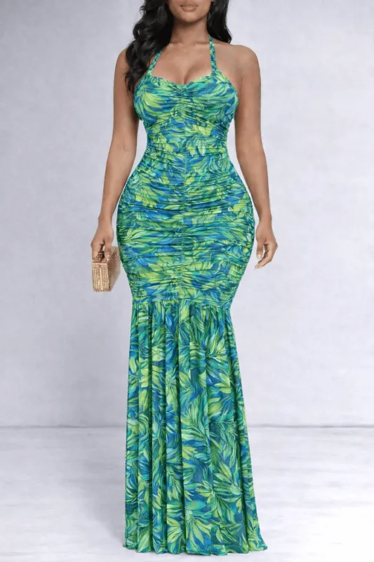 Green Palm Print Halter Ruched Maxi Dress made by cameo