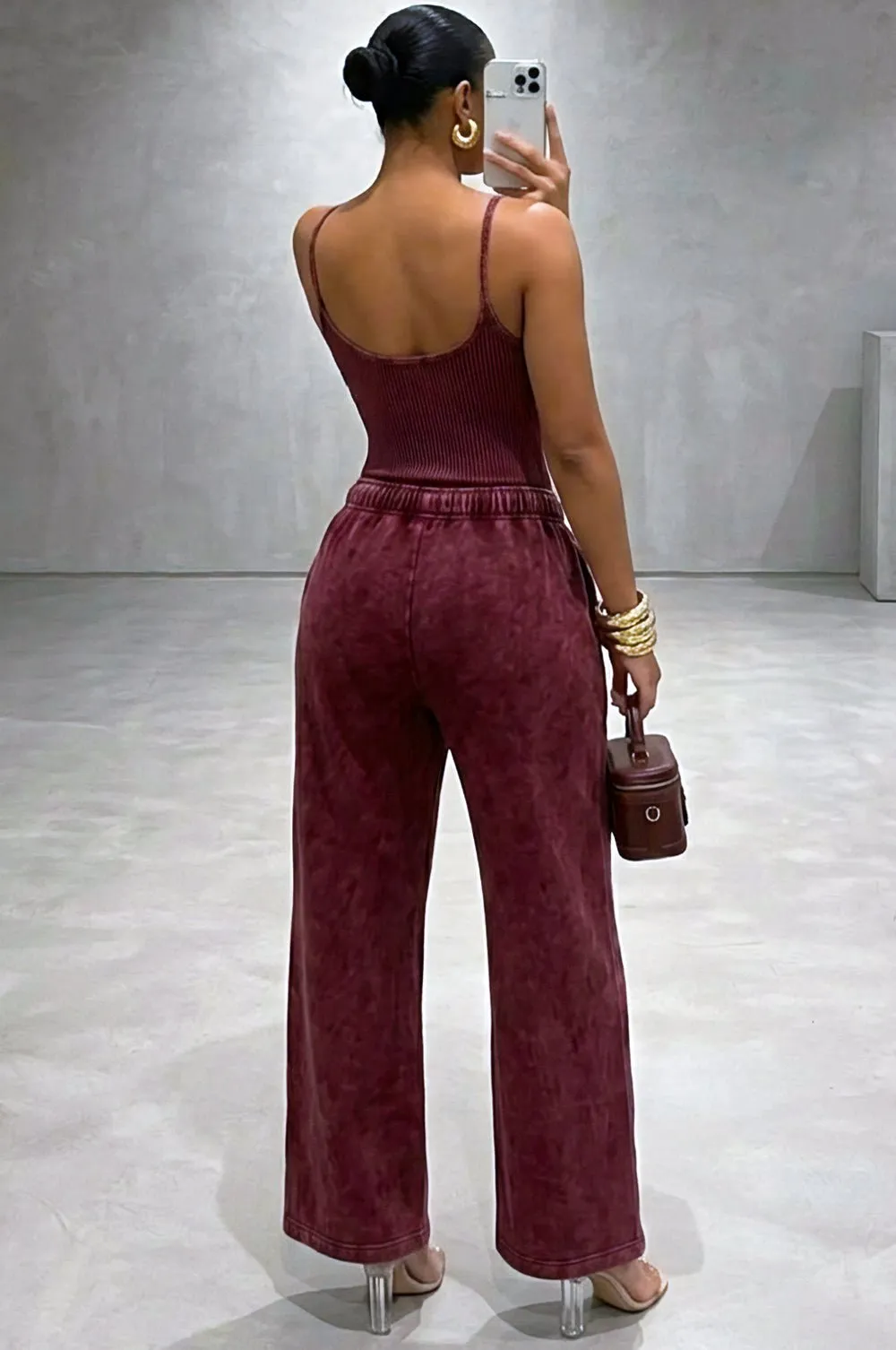 Bordeaux Vintage Wash Bodysuit Jogger Pants Two Piece Set sold by Hot Miami Styles product image thumbnail 2