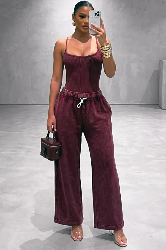 Bordeaux Vintage Wash Bodysuit Jogger Pants Two Piece Set sold by Hot Miami Styles