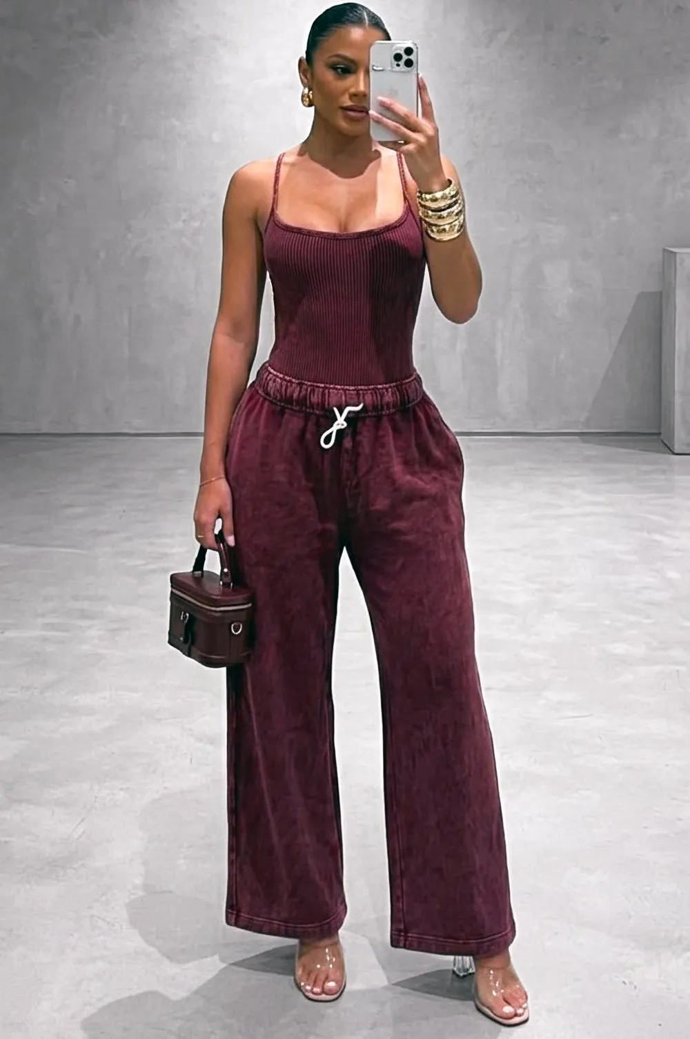 Bordeaux Vintage Wash Bodysuit Jogger Pants Two Piece Set sold by Hot Miami Styles