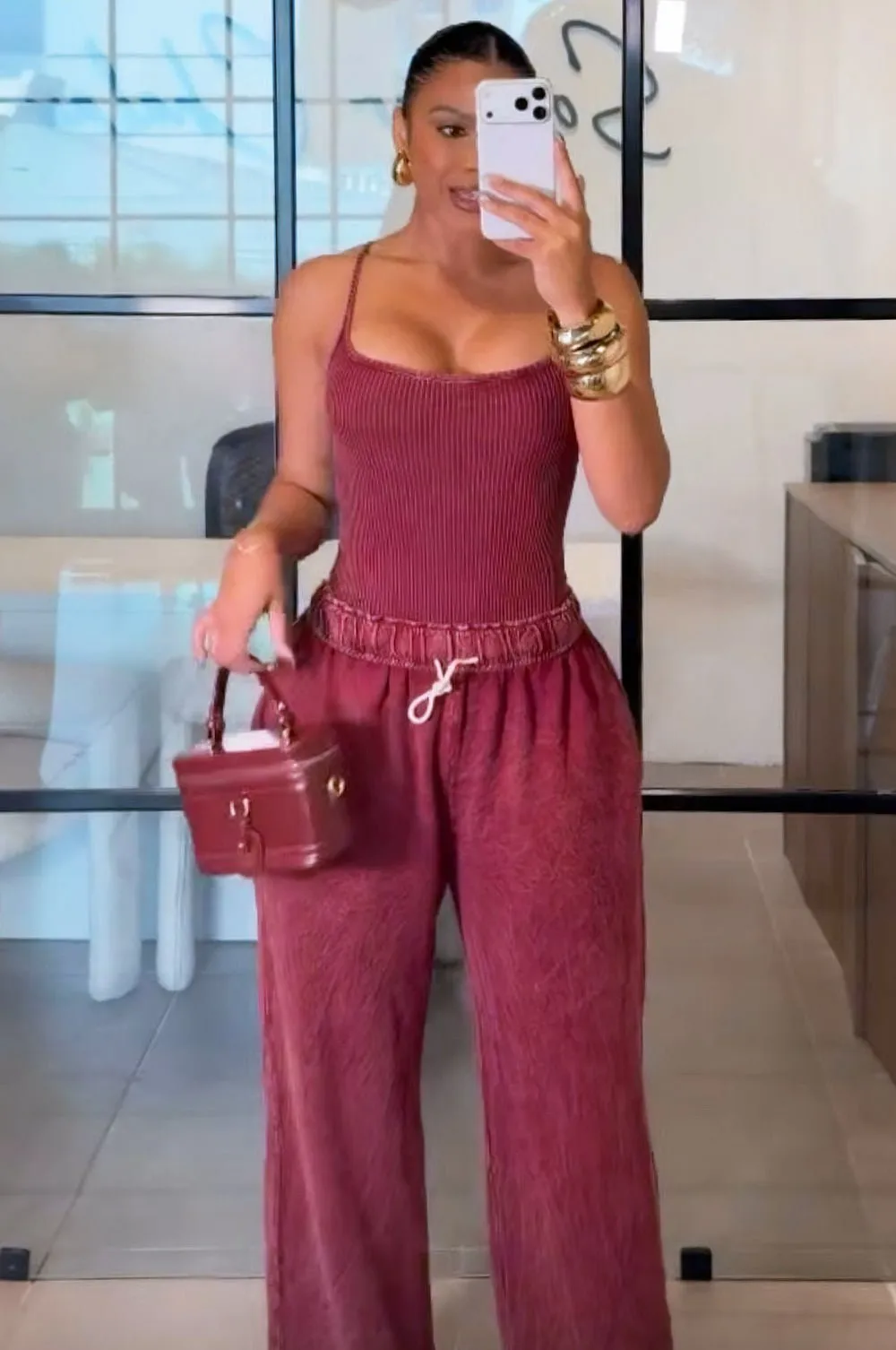 Bordeaux Vintage Wash Bodysuit Jogger Pants Two Piece Set sold by Hot Miami Styles product image thumbnail 3