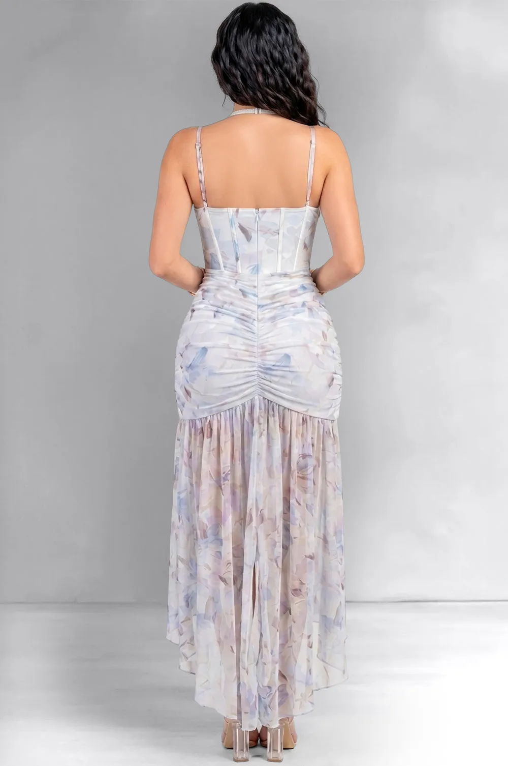 Blue Floral Print Corset Mesh Asymmetrical Maxi Dress sold by Hot Miami Styles product image thumbnail 2