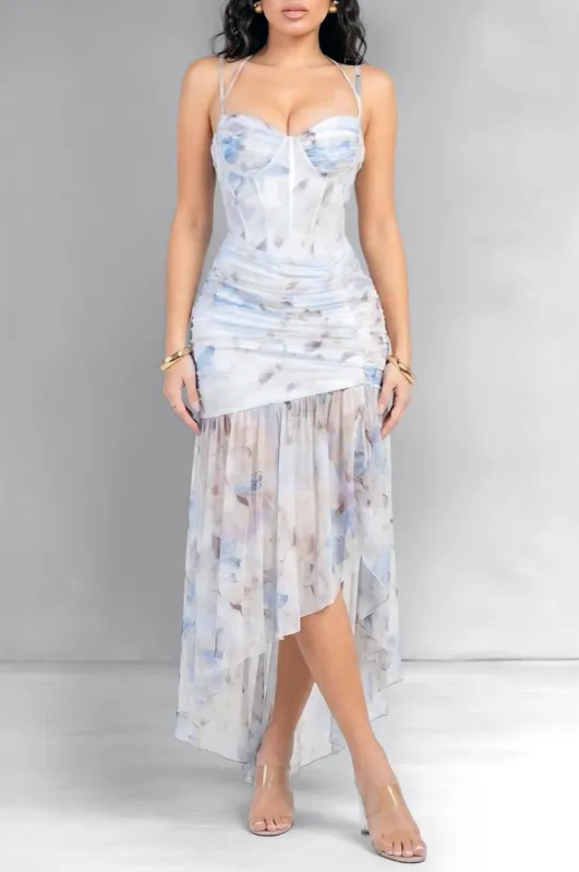 Blue Floral Print Corset Mesh Asymmetrical Maxi Dress made by privy