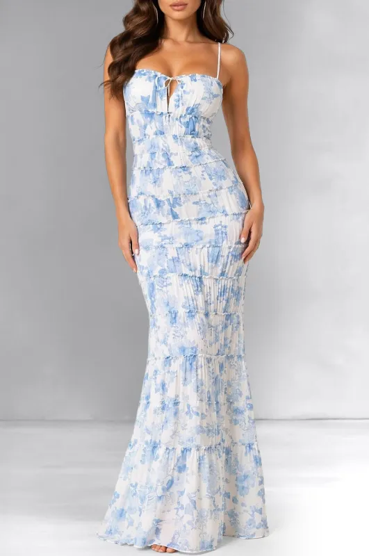 White Blue Print Sweetheart Tiered Maxi Dress made by privy