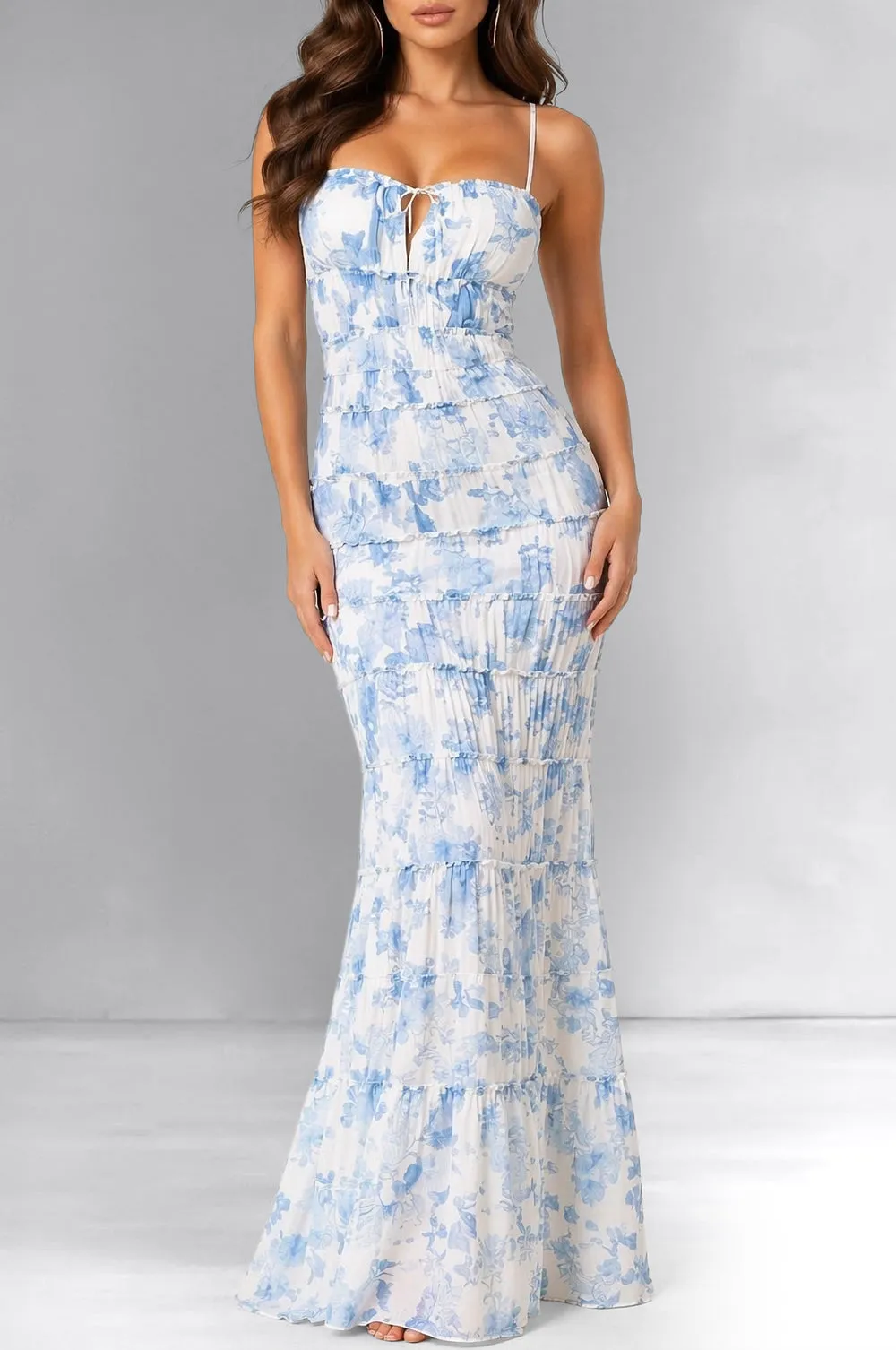 White Blue Print Sweetheart Tiered Maxi Dress sold by Hot Miami Styles