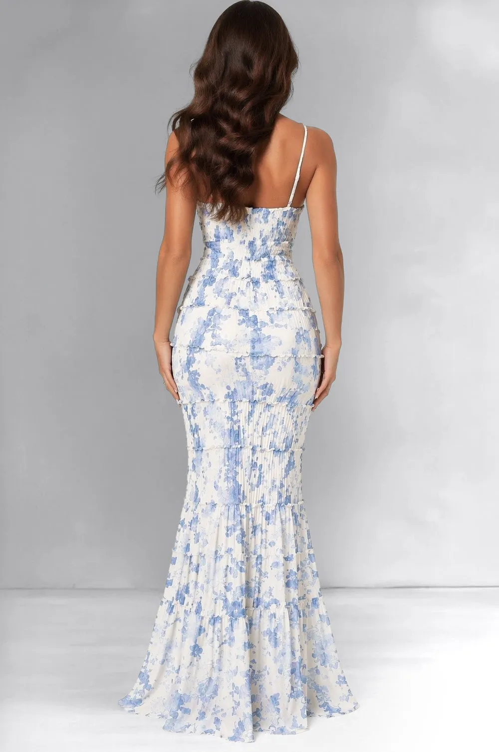 White Blue Print Sweetheart Tiered Maxi Dress sold by Hot Miami Styles product image thumbnail 2