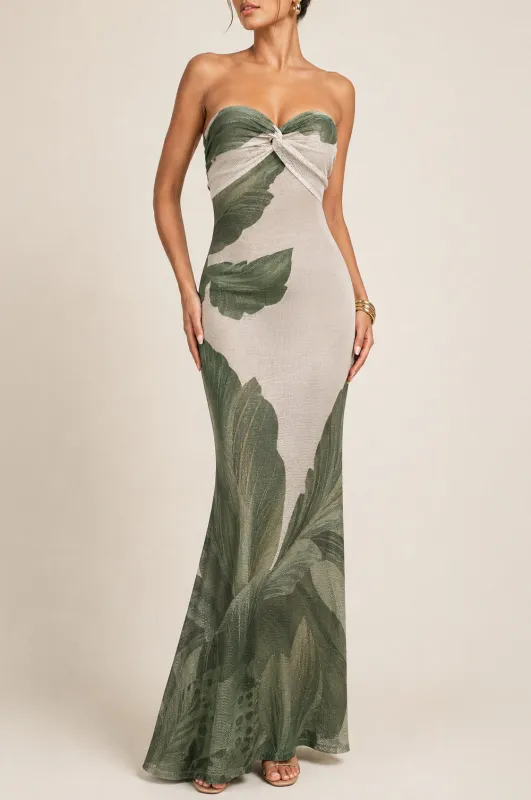 Tropical Olive Print Strapless Maxi Dress made by privy