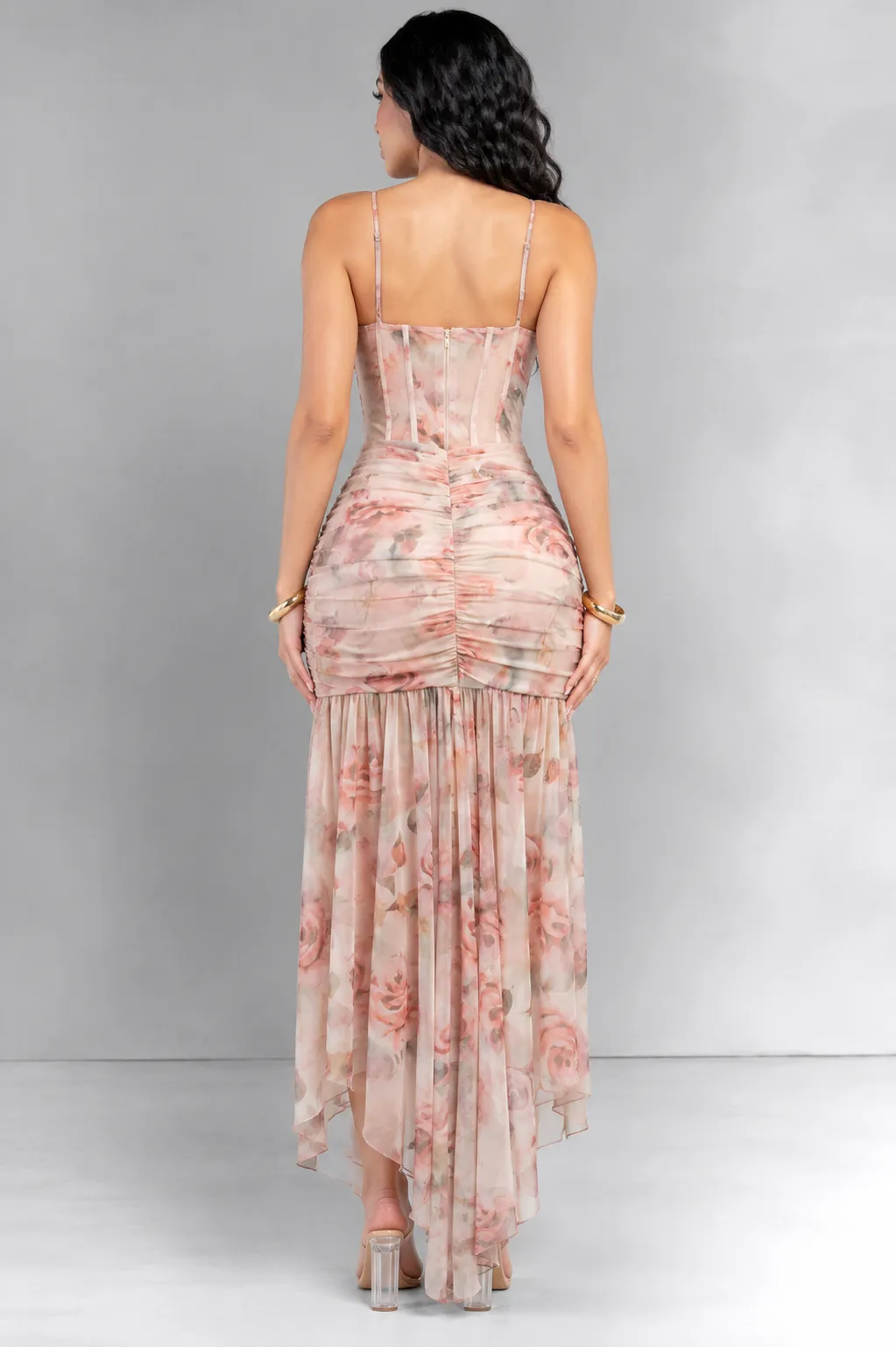 Rose Floral Print Corset Mesh Asymmetrical Maxi Dress sold by Hot Miami Styles product image thumbnail 2