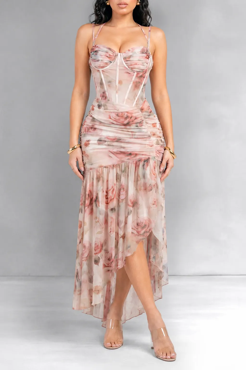 Rose Floral Print Corset Mesh Asymmetrical Maxi Dress sold by Hot Miami Styles