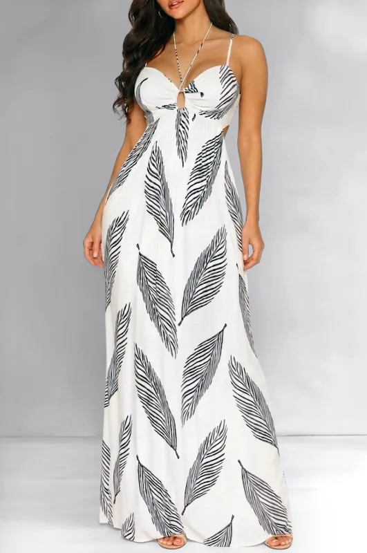 Ivory Navy Blue Leaf Print Cut Out Maxi Dress made by Aakaa