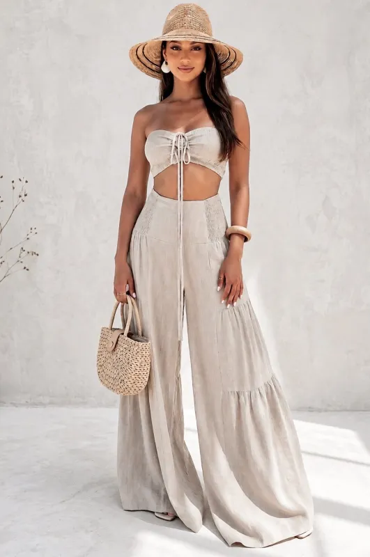 Sand Linen Cropped High Waist Two Piece Palazzo Pants Set made by cameo