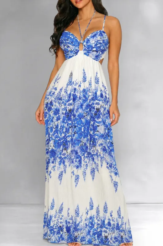 Ivory Blue Floral Print Cut Out Maxi Dress made by Aakaa