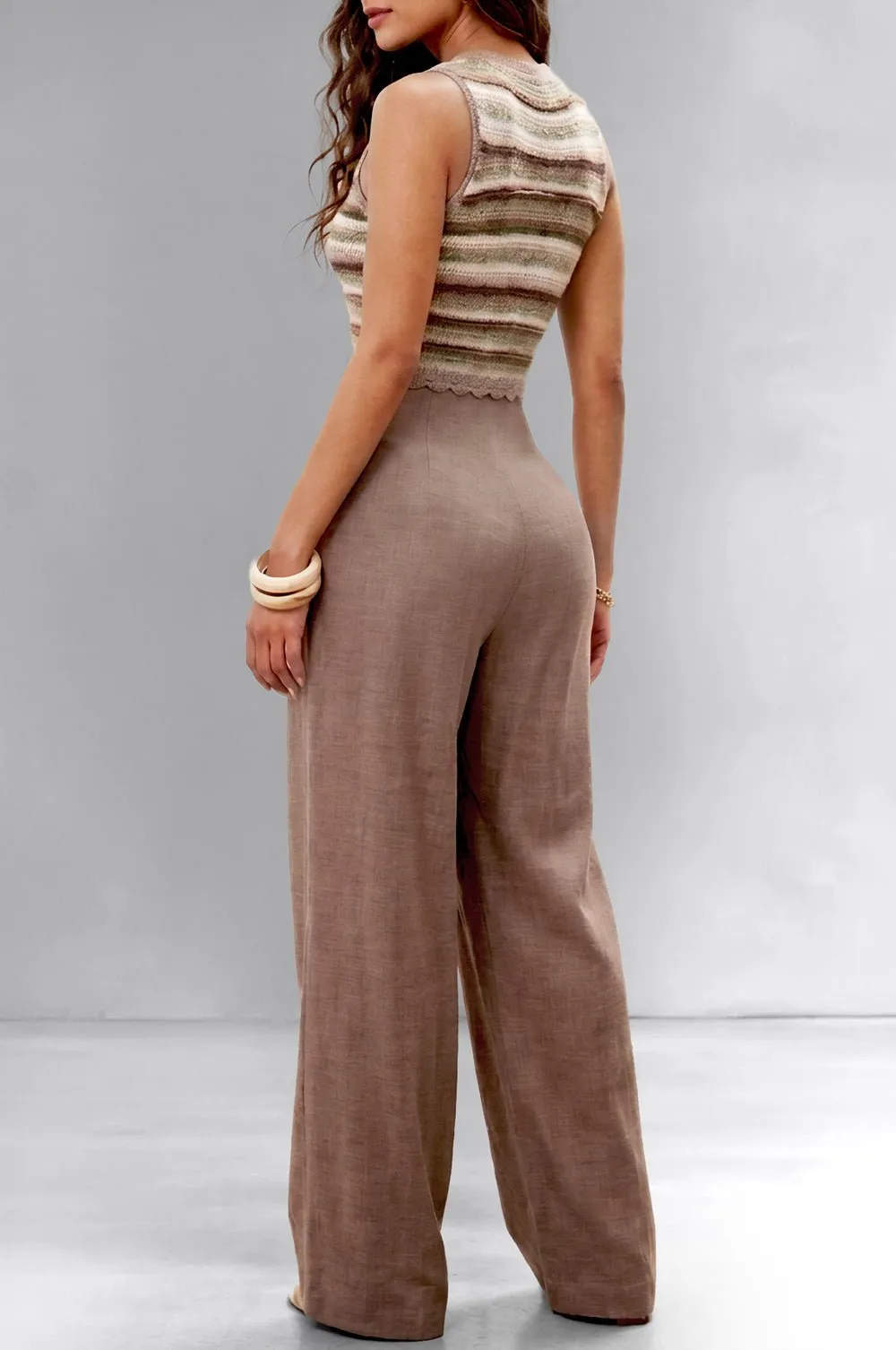 Latte Knit Striped Cropped Linen Two Piece Pants Set sold by Hot Miami Styles product image thumbnail 2