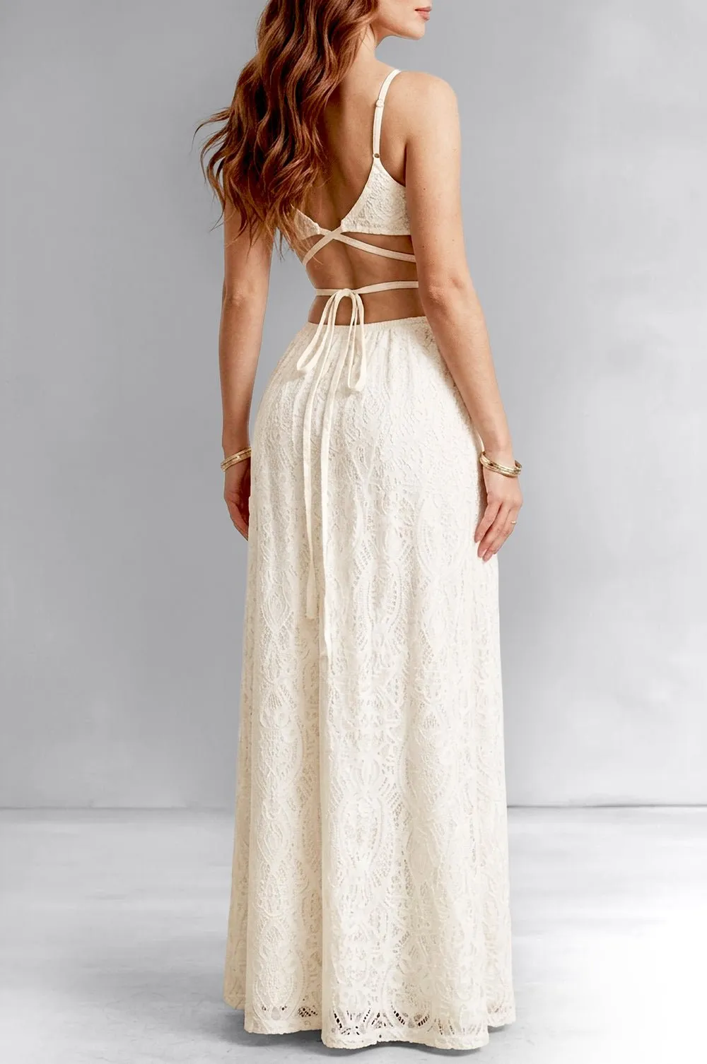 Cream Spaghetti Strap Lace Wrap Around Two Piece Skirt Set sold by Hot Miami Styles product image thumbnail 2