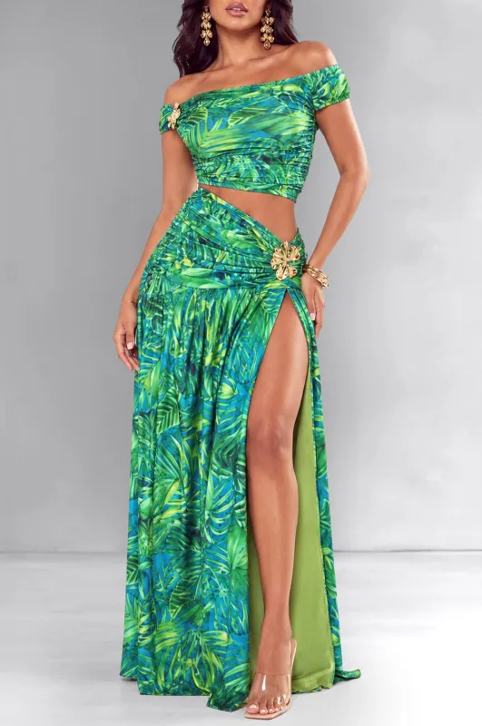 Green Tropical Print Off Shoulder Slit Two Piece Skirt Set made by cameo