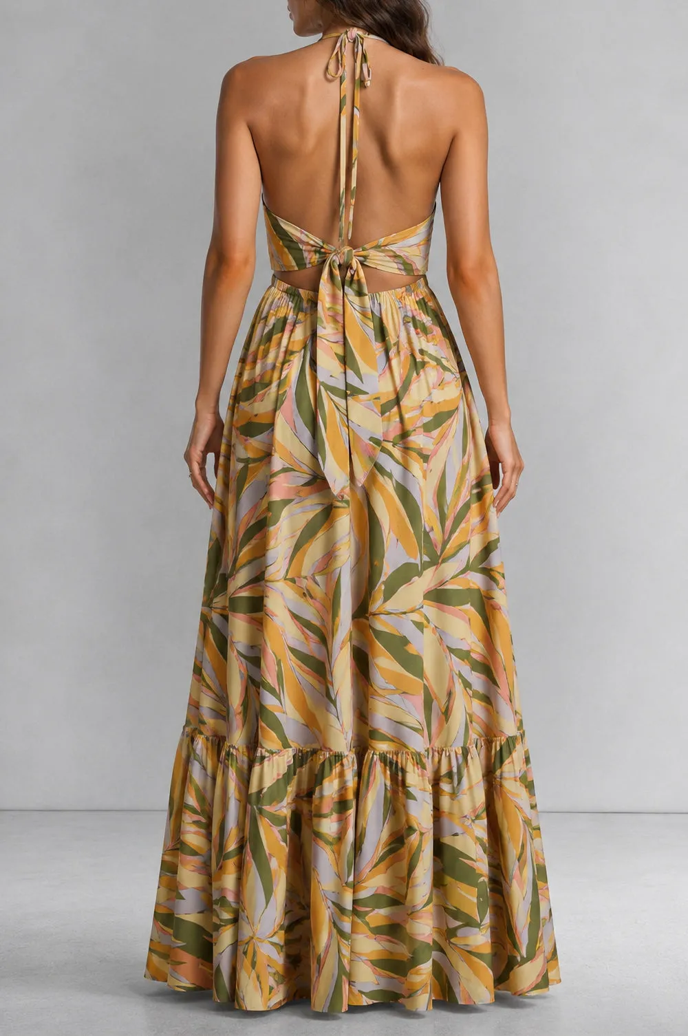 Tropical Multi Color Palm Print Halter Smocked Maxi Dress sold by Hot Miami Styles product image thumbnail 2