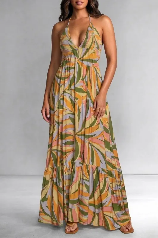 Tropical Multi Color Palm Print Halter Smocked Maxi Dress made by Dress Forum