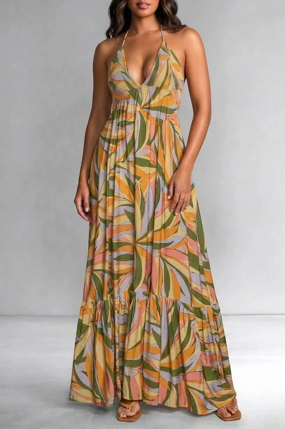 Tropical Multi Color Palm Print Halter Smocked Maxi Dress sold by Hot Miami Styles