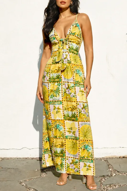 Yellow Tropical Print Knotted Lace Up Back Maxi Dress made by Dress Forum