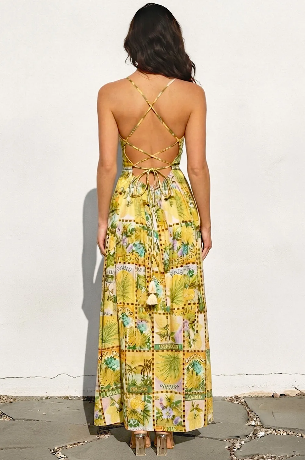 Yellow Tropical Print Knotted Lace Up Back Maxi Dress sold by Hot Miami Styles product image thumbnail 2