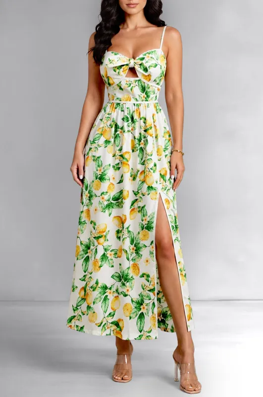 Lemon Print Sweetheart Knotted Keyhole Slit Dress made by Dress Forum