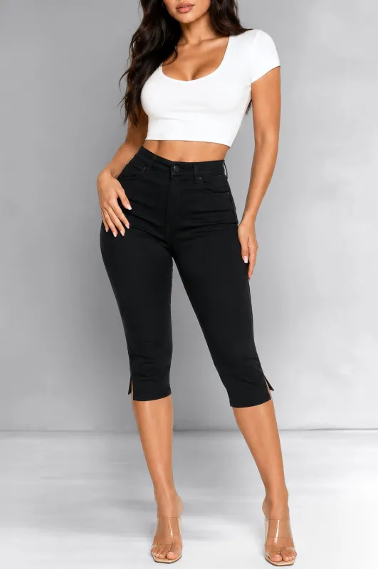 Black Denim High Waist Slit Capri Pants made by Vibrant
