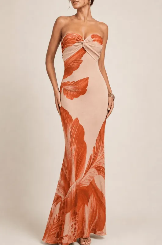 Tropical Terracotta Print Strapless Maxi Dress made by privy