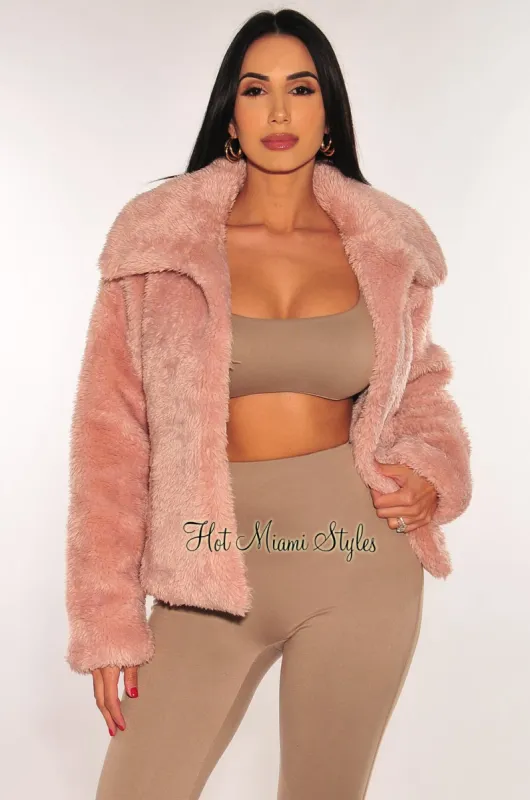 Pink Fuzzy Collared Long Sleeve Jacket sold by Hot Miami Styles