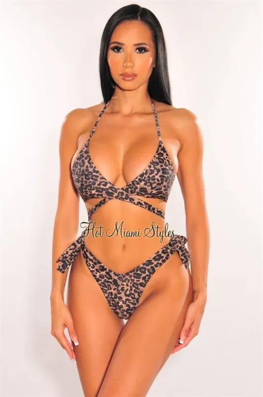 Leopard Print Padded Halter Wrap Tie Up Thong Bikini Top sold by Hot Miami Styles