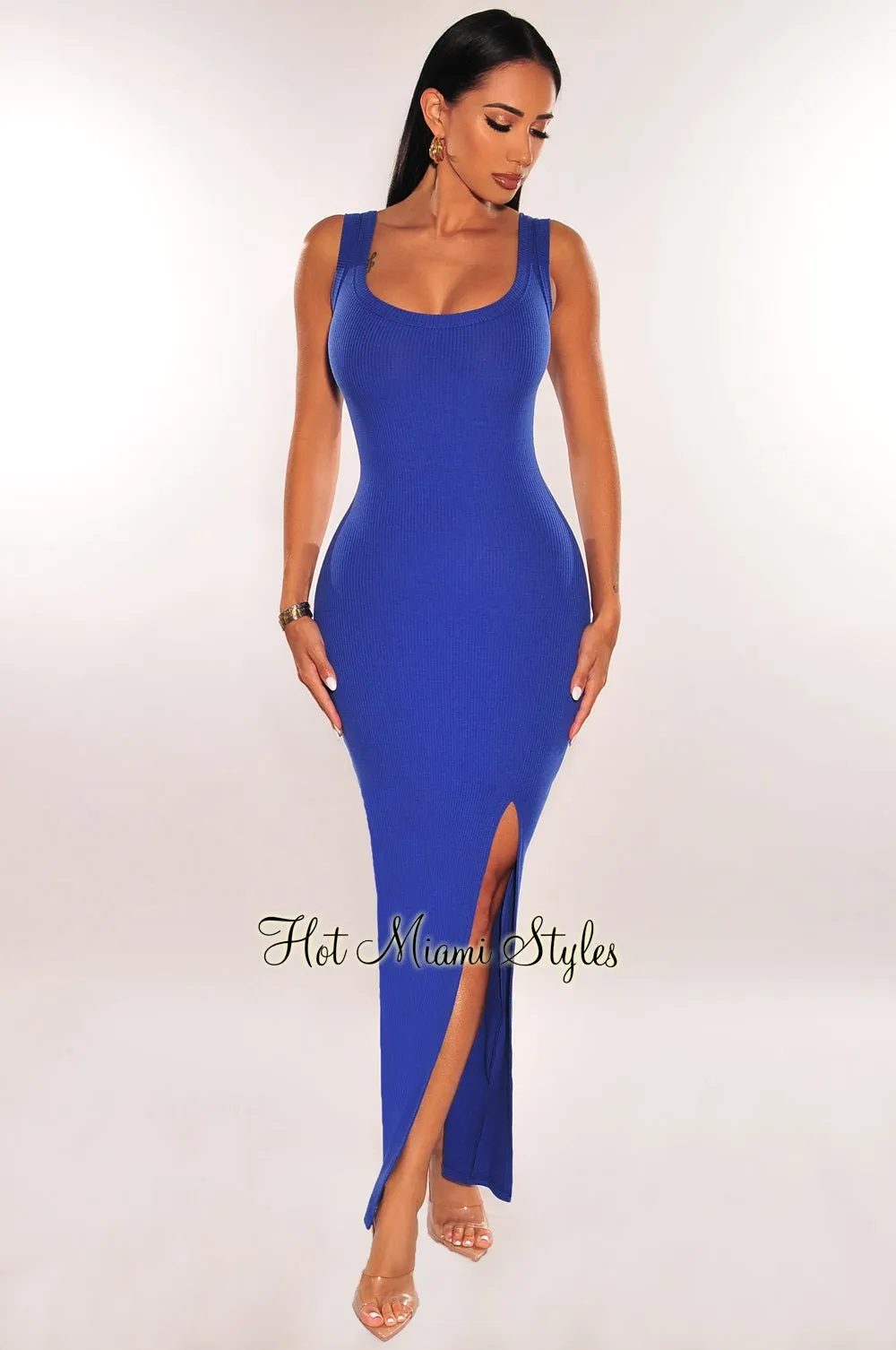 Royal Blue Ribbed Sleeveless Round Neck Slit Maxi Dress sold by Hot Miami Styles