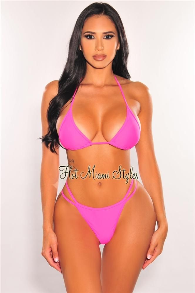 Hot Pink Halter Padded Triangle Top Rhinestone Micro Thong Bikini Top sold by Hot Miami Styles product image thumbnail 2