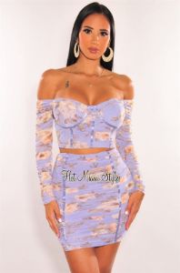 Lilac Floral Print Off Shoulder Padded Ruched Skirt Two Piece Set sold by Hot Miami Styles