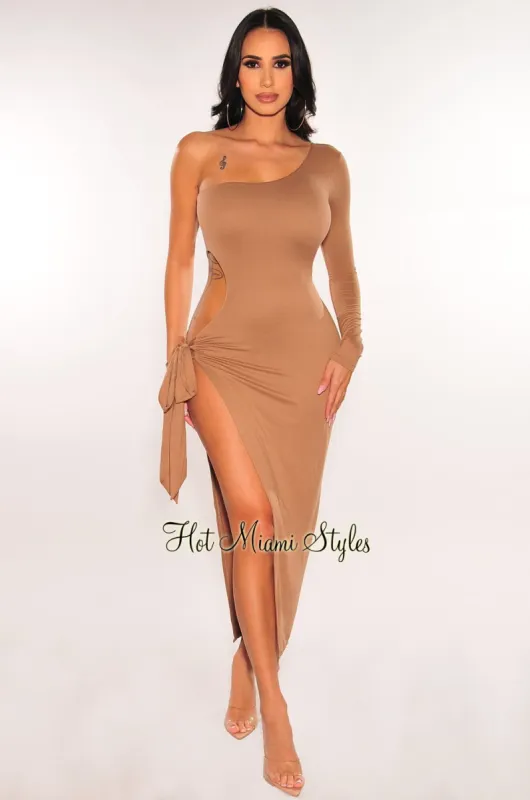 Mocha One Sleeve Cut Out Tie Up Slit Dress sold by Hot Miami Styles