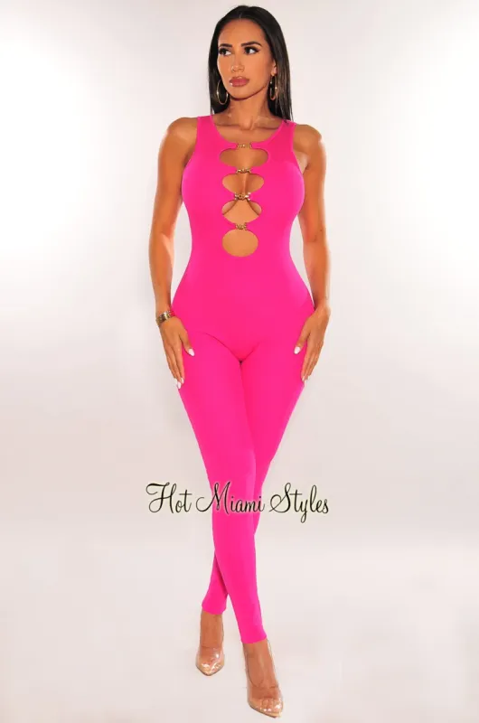 Fuchsia Cut Out Gold Hoop Plunge Sleeveless Jumpsuit sold by Hot Miami Styles
