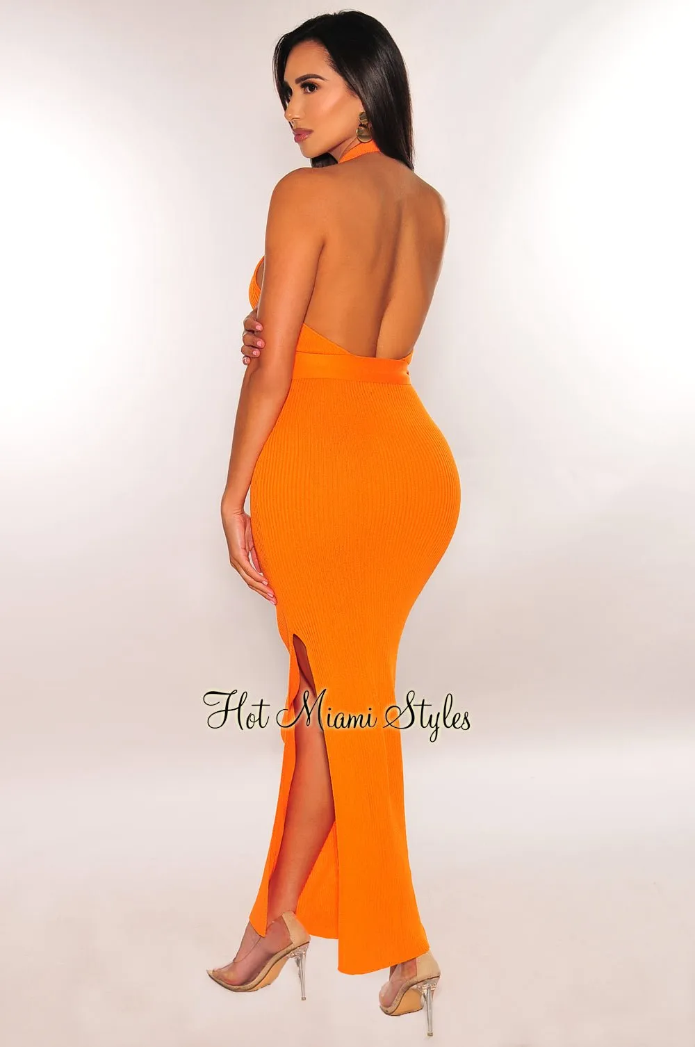 Tangerine Collared Ribbed Knit Cut Out Belted Dress sold by Hot Miami Styles product image thumbnail 2