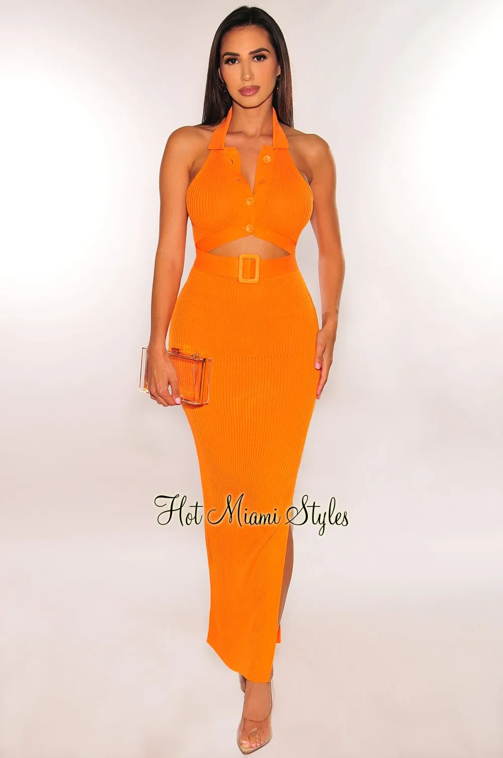 Tangerine Collared Ribbed Knit Cut Out Belted Dress sold by Hot Miami Styles