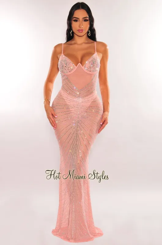 Blush Mesh Rhinestone Underwire Mermaid Gown sold by Hot Miami Styles