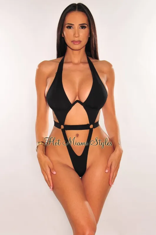 Black Halter Underwire Tie Up Cut Out Ultra High Cut Swimsuit sold by Hot Miami Styles