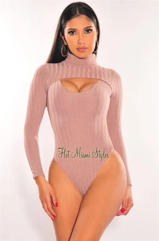 Mocha Ribbed Knit Turtleneck Long Sleeve Cut Out Bodysuit sold by Hot Miami Styles