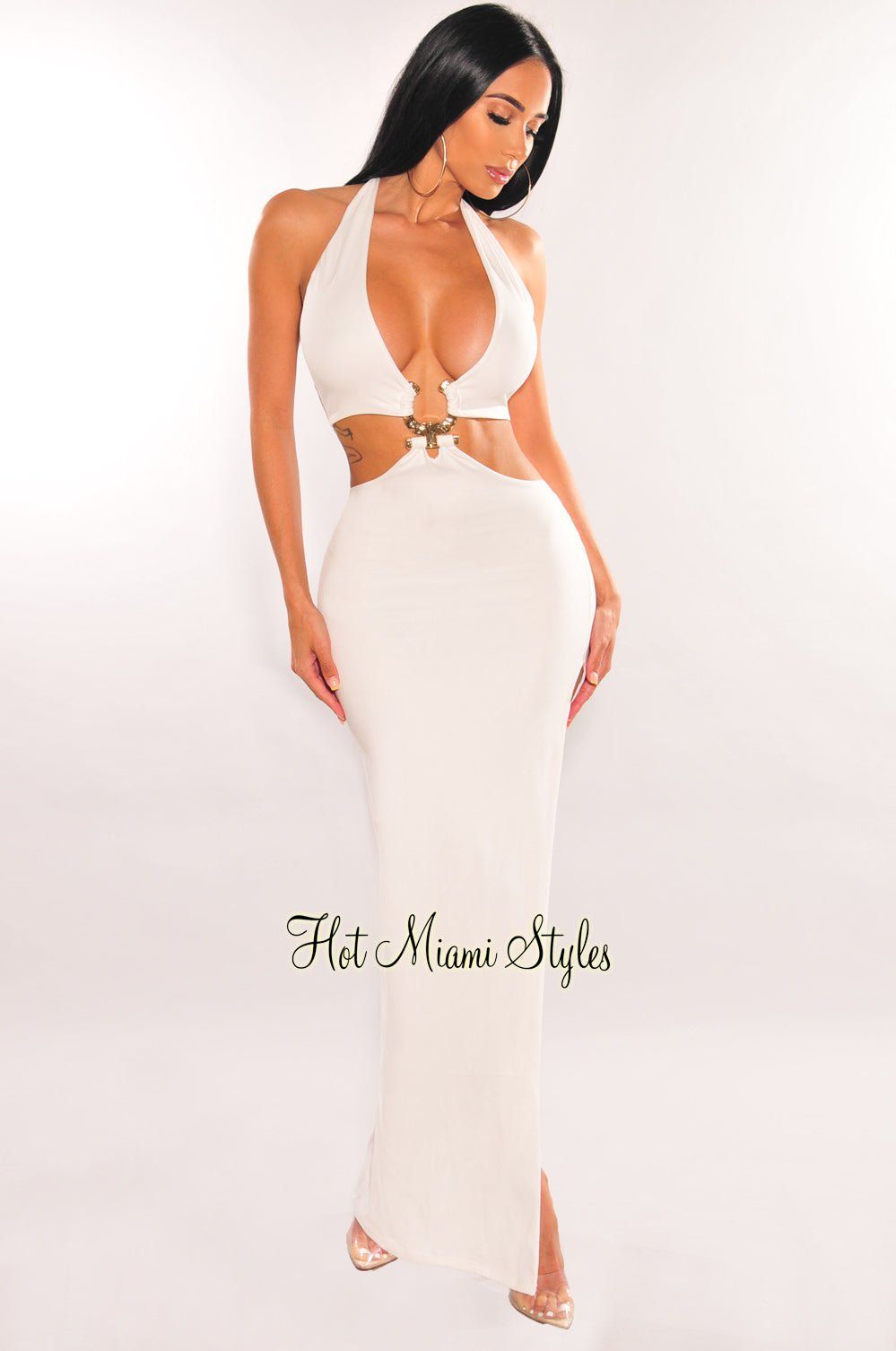 White Halter Gold Ring Slit Maxi Dress sold by Hot Miami Styles