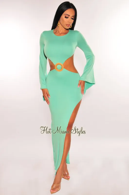 Mint Bell Long Sleeves Cut Out Ring Slit Maxi Dress sold by Hot Miami Styles