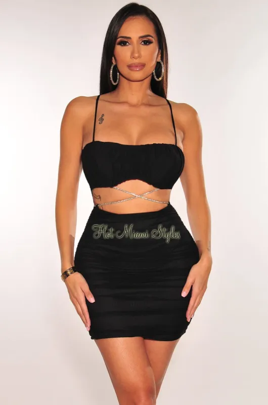 Black Mesh Padded Spaghetti Strap Ruched Cut Out Wrap Around Rhinestone Dress sold by Hot Miami Styles
