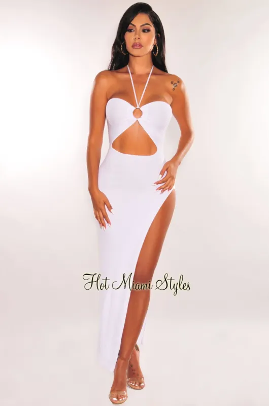 White Ribbed Halter O-Ring Cut Out Slit Maxi Dress sold by Hot Miami Styles