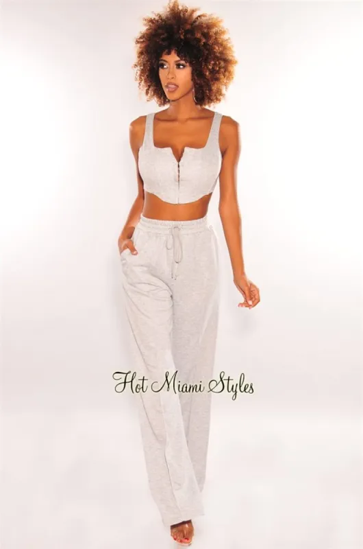 Light Gray Boned Hook & Eye High Waist Palazzo Pants Two Piece Set sold by Hot Miami Styles
