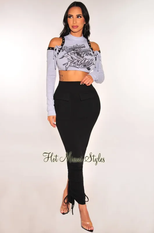 Gray Graphic Long Sleeve Mock Neck Lace Up Ruched Skirt Two Piece Set sold by Hot Miami Styles