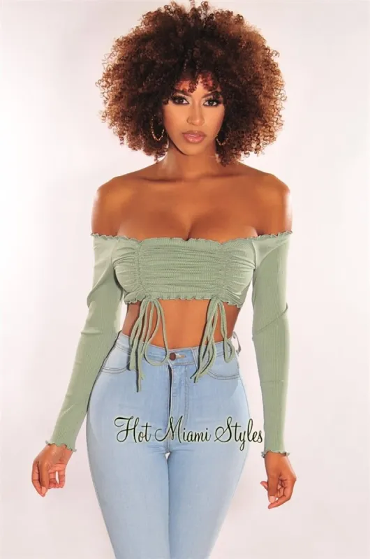 Sage Ribbed Off Shoulder Drawstring Tie Up Crop Top sold by Hot Miami Styles