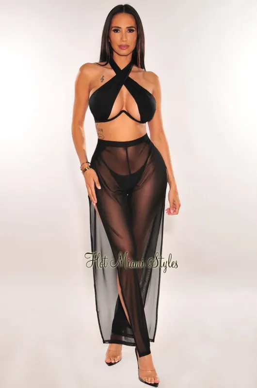 Black Mesh Sheer High Waist Double Slit Cover Up Pants sold by Hot Miami Styles