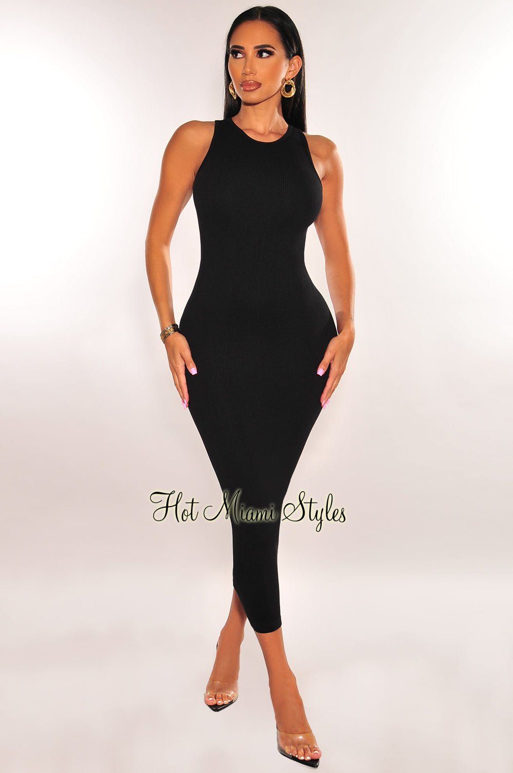 Black Ribbed Seamless Sleeveless Midi Dress sold by Hot Miami Styles