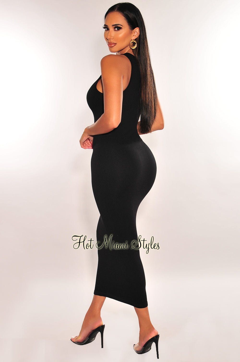 Black Ribbed Seamless Sleeveless Midi Dress sold by Hot Miami Styles product image thumbnail 2